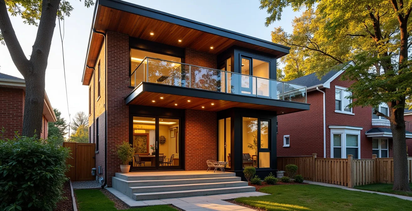 Schéma architectural montrant l'angle de dégagement de 45 degrés pour un ajout d'étage sur une maison shoebox du Plateau avec ombres projetées