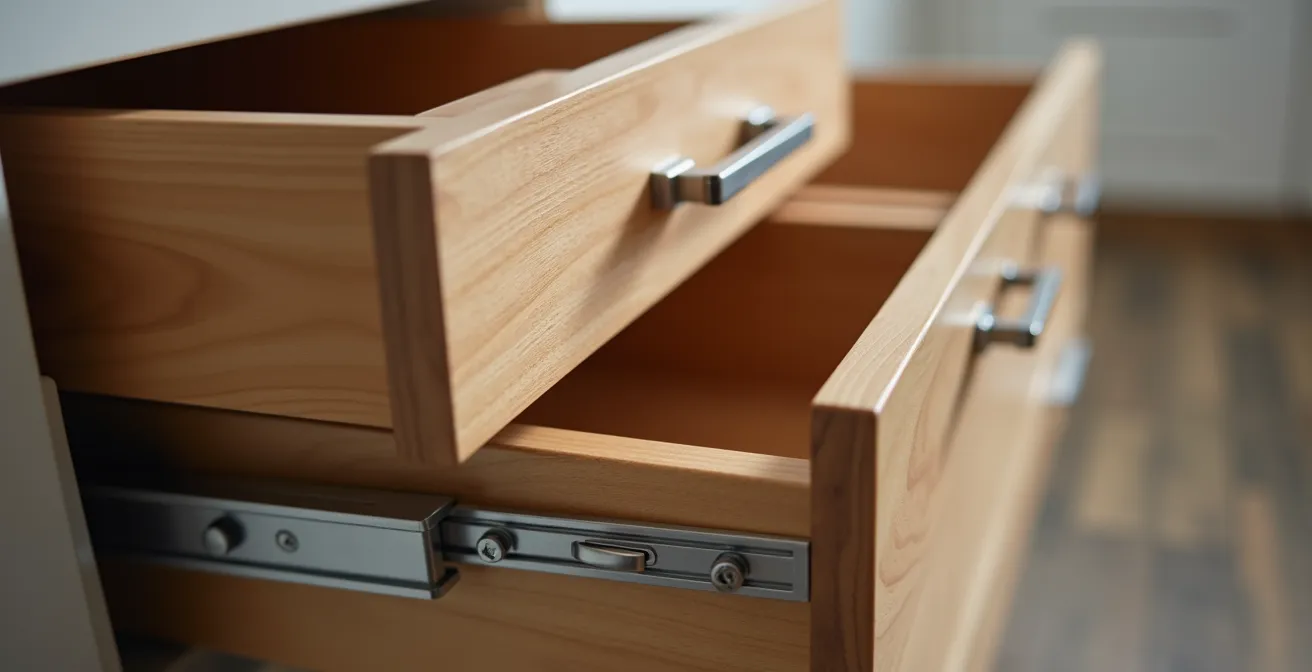 Gros plan sur système de tiroirs intégrés dans une banquette de cuisine avec mécanisme de glissière visible