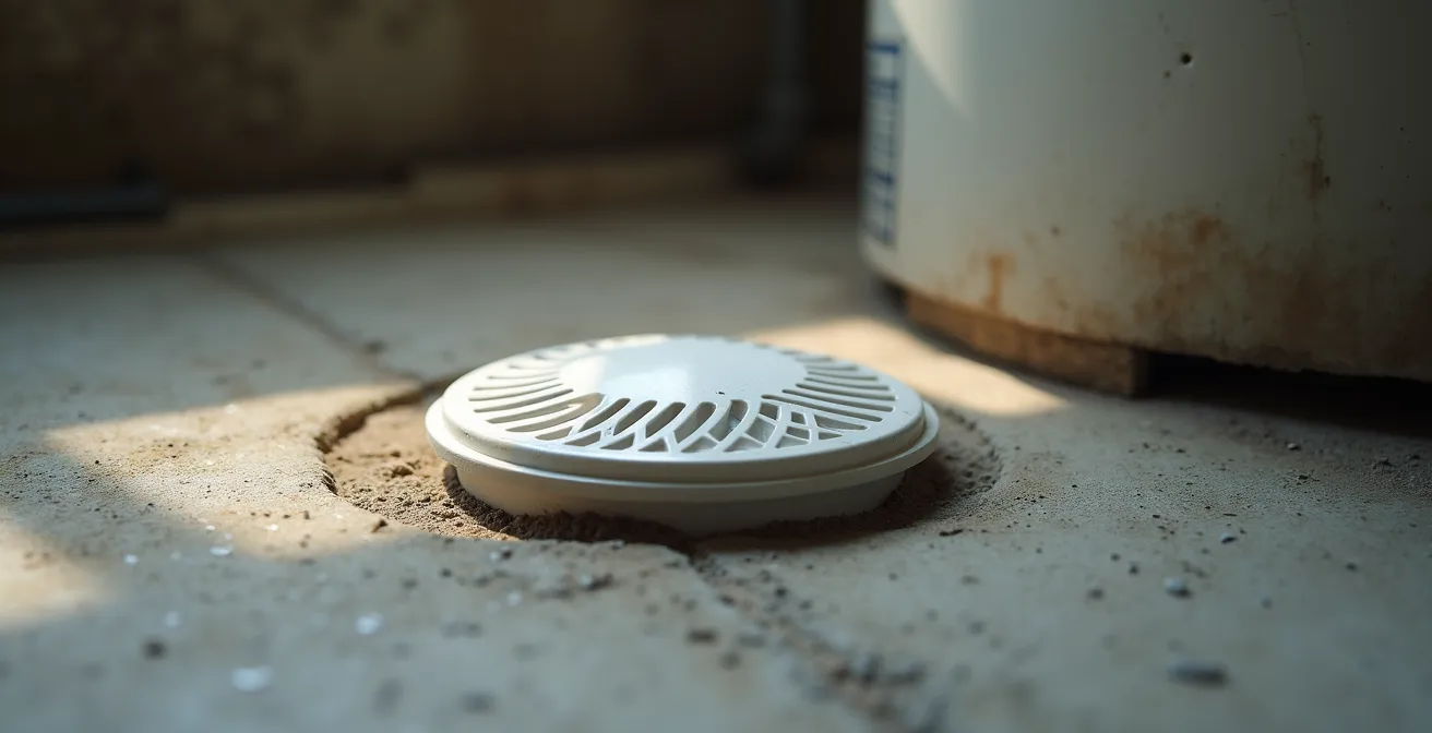 Gros plan sur un capteur de détection d'eau placé stratégiquement sous un chauffe-eau dans un sous-sol typique montréalais