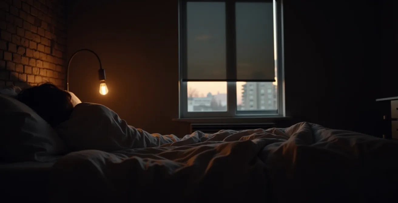 Chambre à coucher moderne montréalaise avec toiles blackout fermées créant une obscurité totale