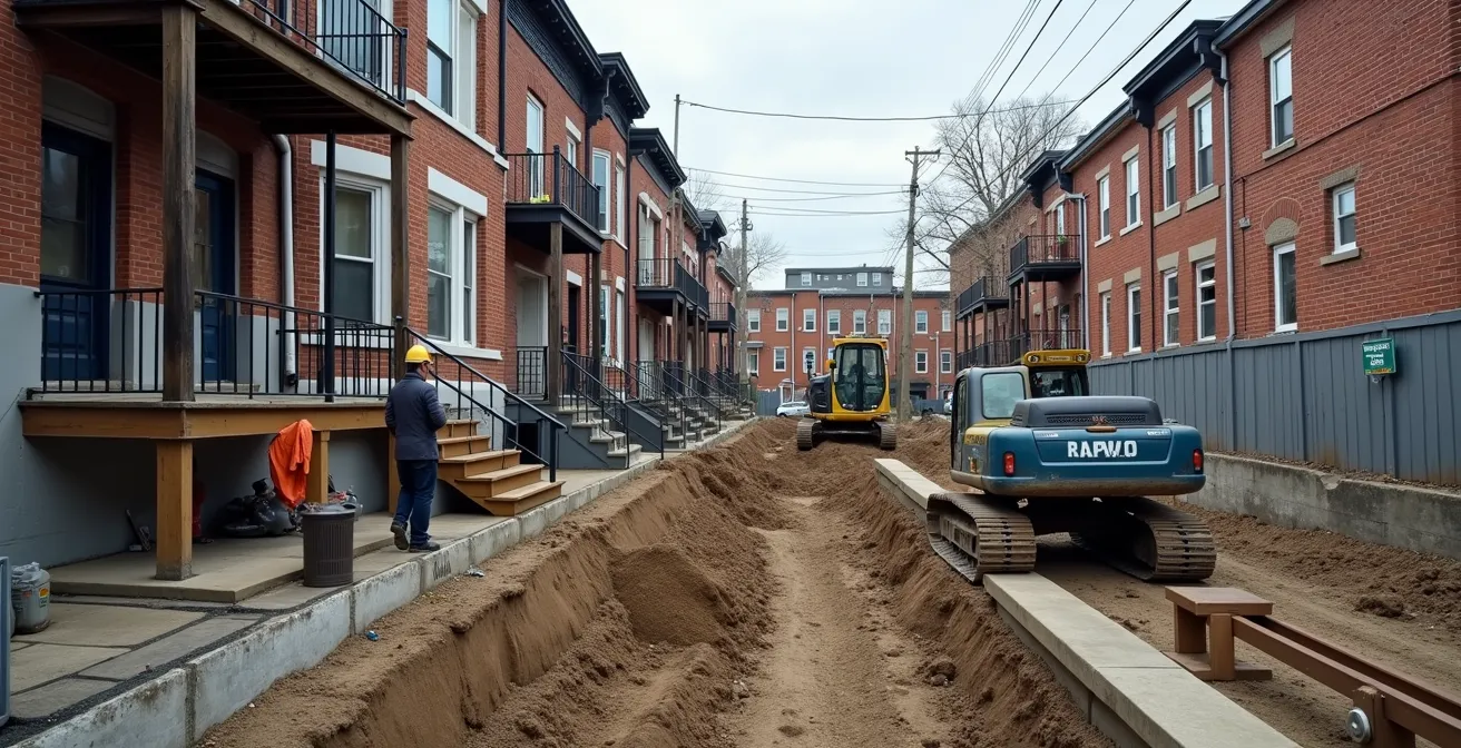 Vue large d'un chantier de sous-œuvre résidentiel dans un quartier dense de Montréal