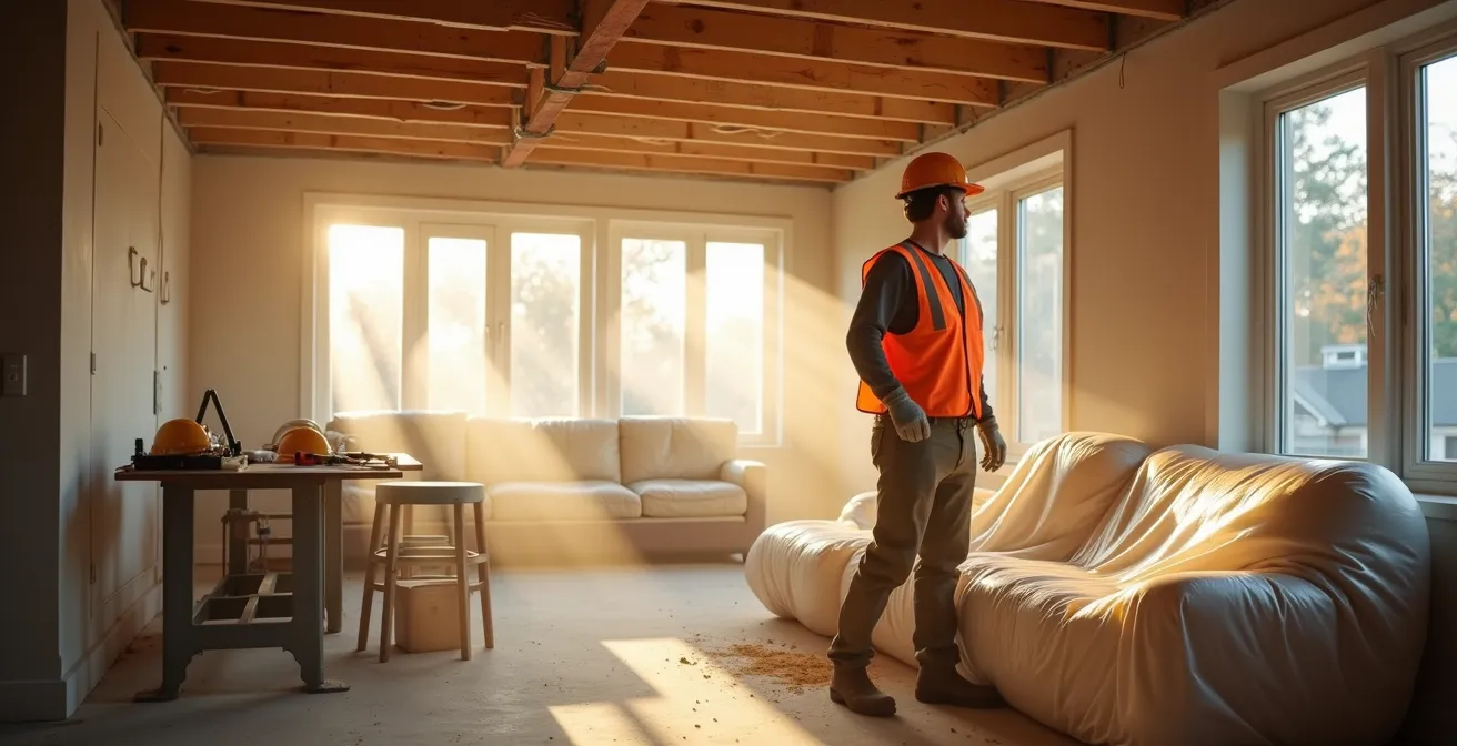 Intérieur de maison en rénovation avec équipements de protection et zone de travail sécurisée