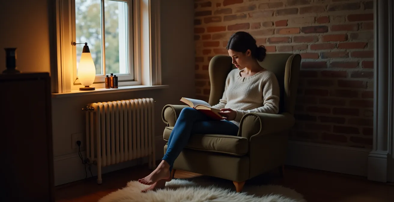 Coin lecture cosy dans un petit appartement avec fauteuil vintage, tapis épais et lumière tamisée