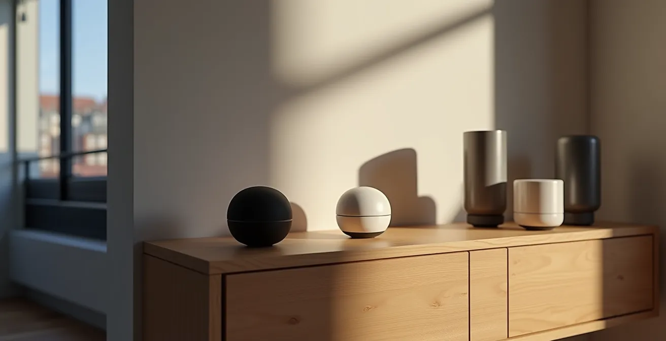 Trois hubs domotiques disposés sur une étagère moderne avec éclairage ambiant