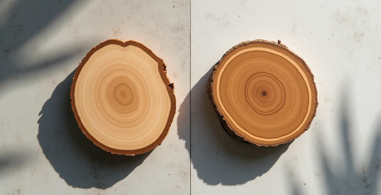 Composition minimaliste montrant côte à côte une planche de bois d'érable québécois et une planche de bambou importé