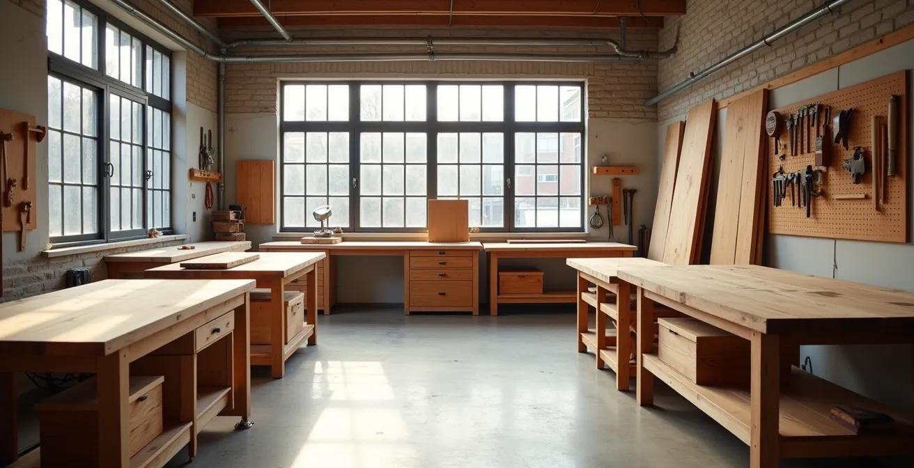 Atelier d'ébéniste montréalais avec meubles en cours de fabrication dans un espace lumineux
