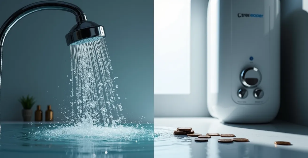 Comparaison visuelle entre un pommeau de douche économique et un chauffe-eau moderne dans une salle de bain québécoise