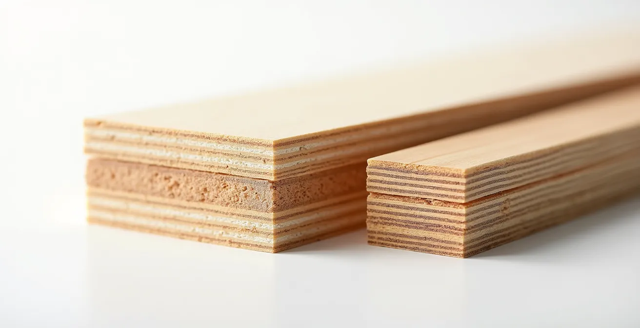 Coupe transversale macro montrant les différences de texture entre mélamine et contreplaqué