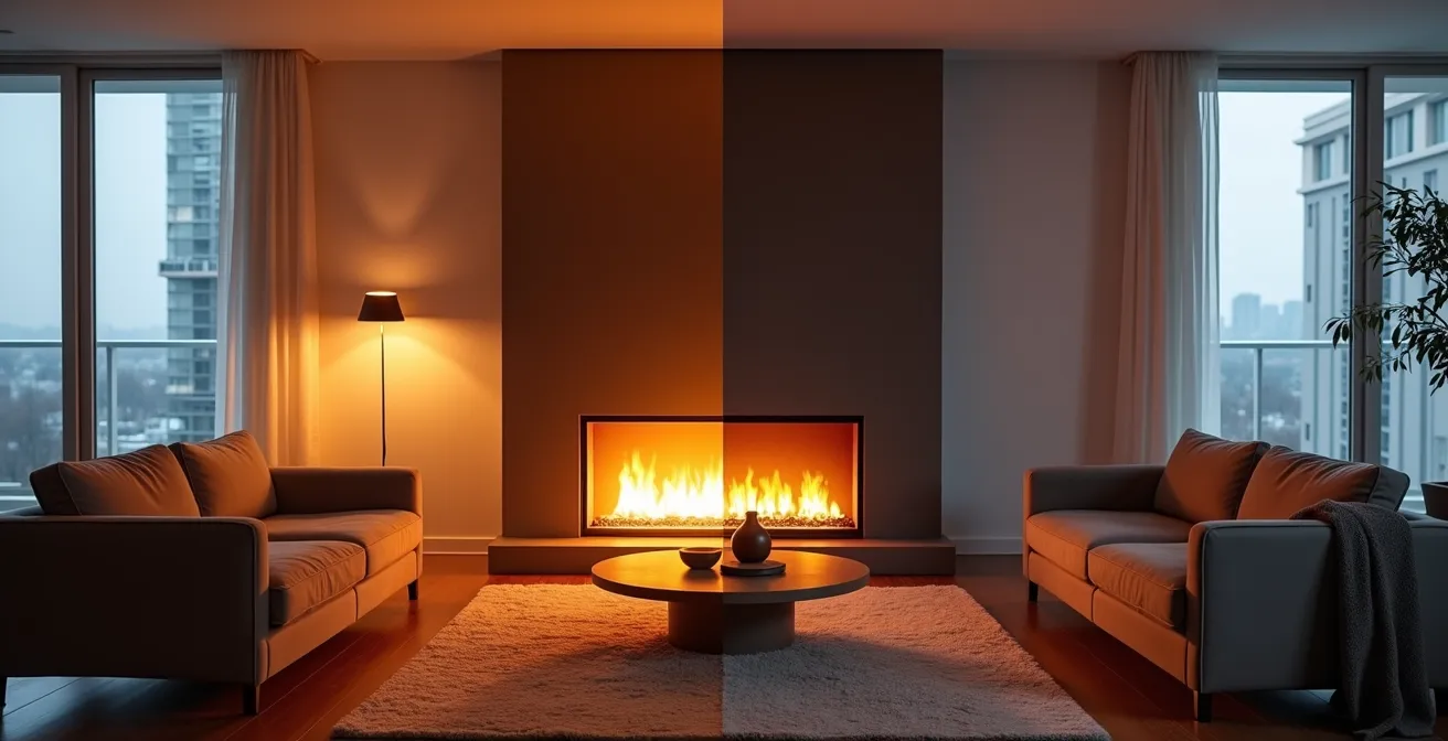 Comparaison côte à côte d'un foyer à l'éthanol et d'un foyer électrique dans un salon d'appartement