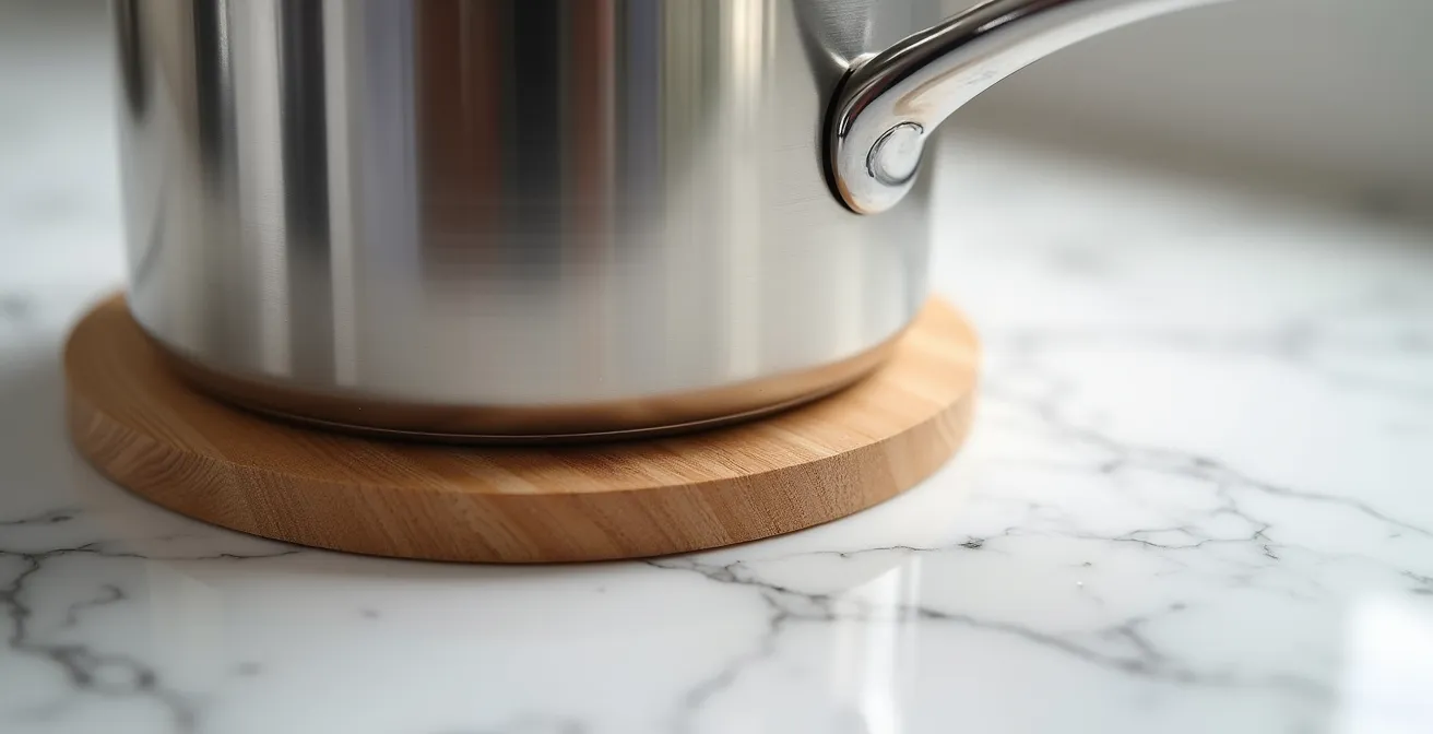 Gros plan sur un sous-plat en bois d'érable protégeant un comptoir en quartz d'une casserole chaude