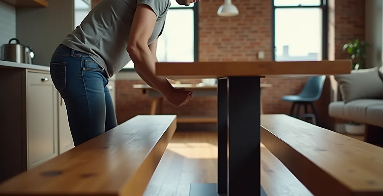 Vue aérienne d'une table avec pied central tulipe positionnée devant une banquette, montrant l'espace de circulation
