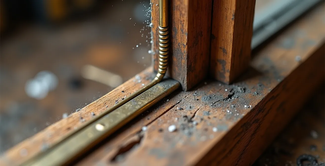 Installation d'un coupe-froid en bronze à ressort sur une fenêtre à guillotine ancienne