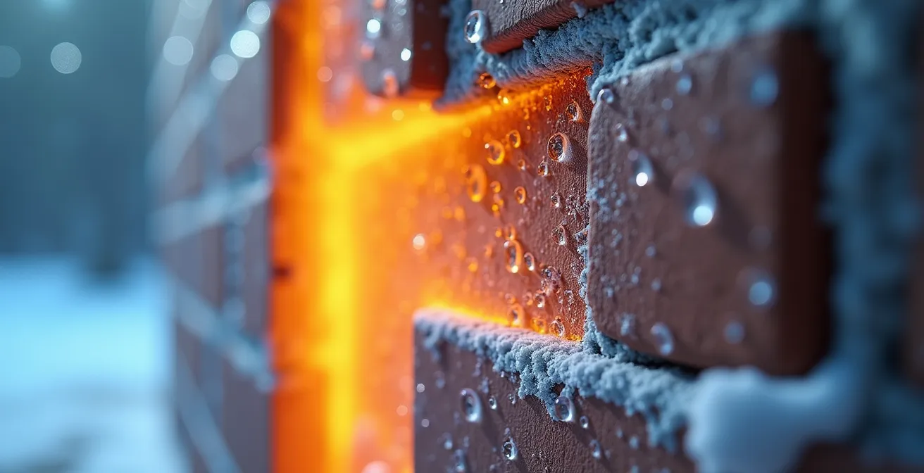 Vue en coupe d'un mur montrant le gradient de température et le point de rosée en hiver québécois