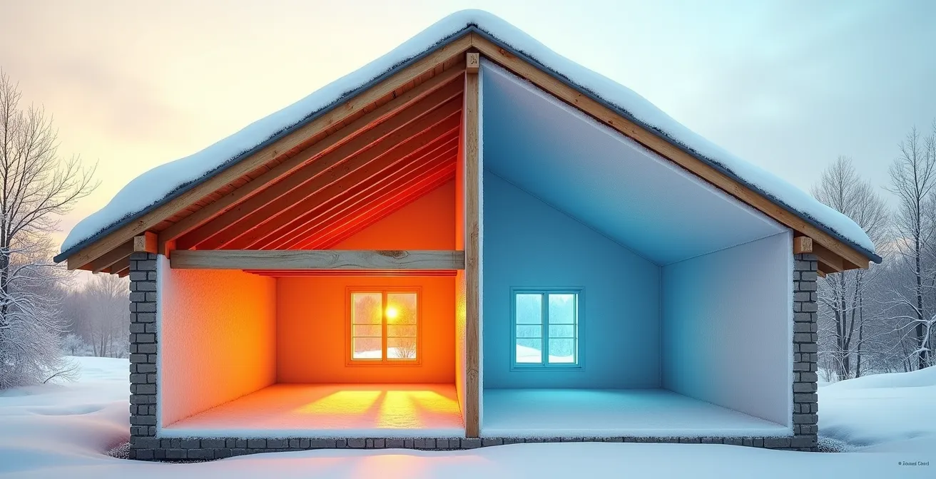 Vue en coupe d'une maison montrant les zones de déperdition thermique avec focus sur le grenier et les fondations