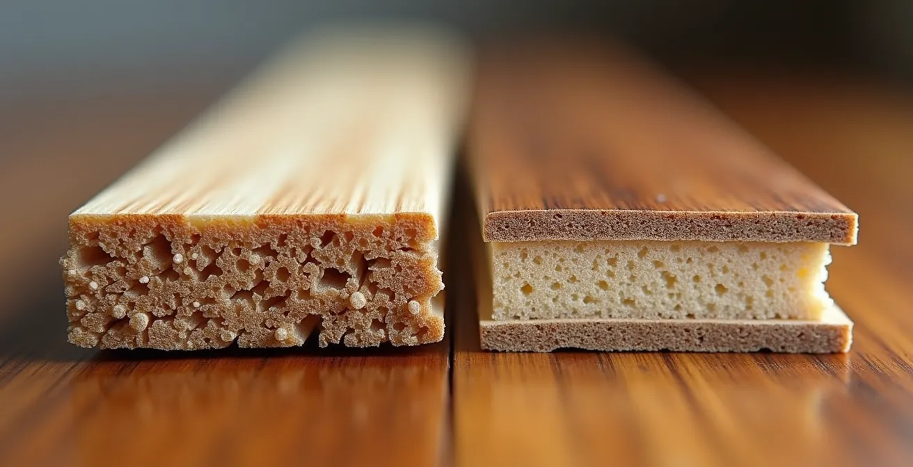 Coupe comparative de deux planchers flottants montrant la différence de densité HDF