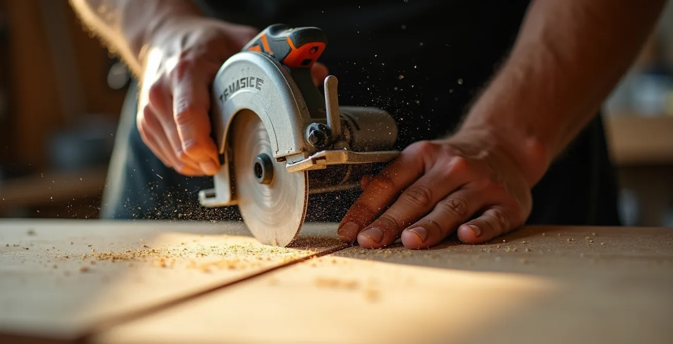 Vue détaillée d'une découpe précise de panneau acoustique avec outils professionnels