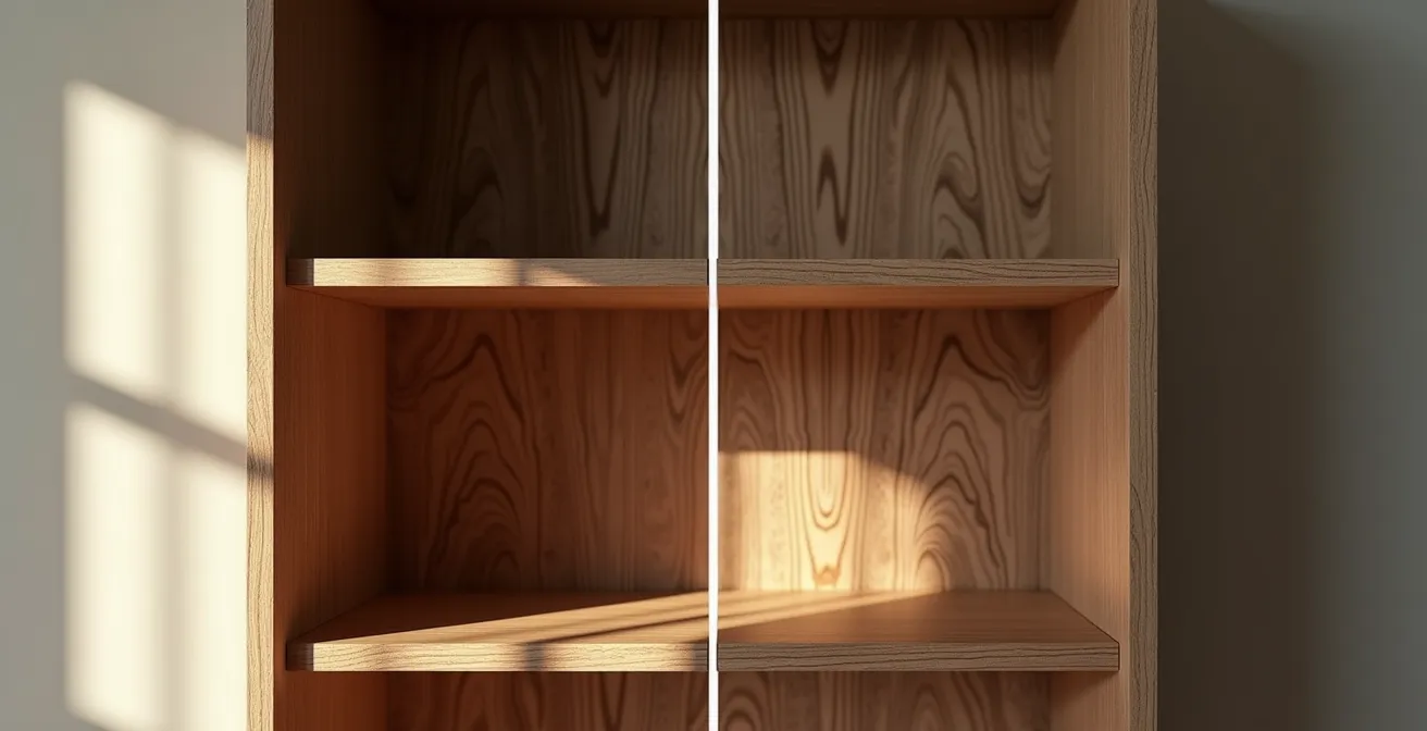 Détail de finition d'une bibliothèque sur mesure montrant les joints invisibles et l'ajustement parfait