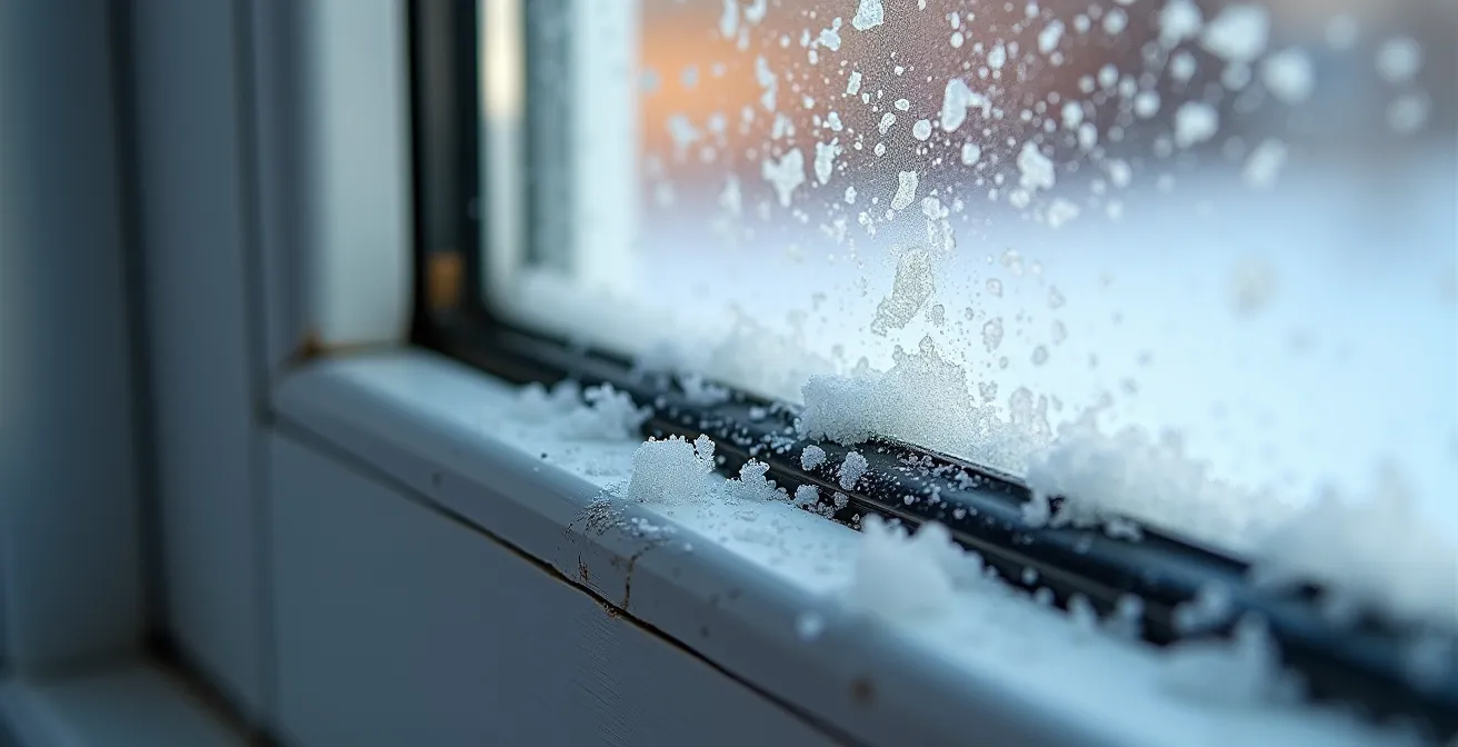 Gros plan sur le joint de calfeutrage d'une fenêtre avec traces de gel et condensation
