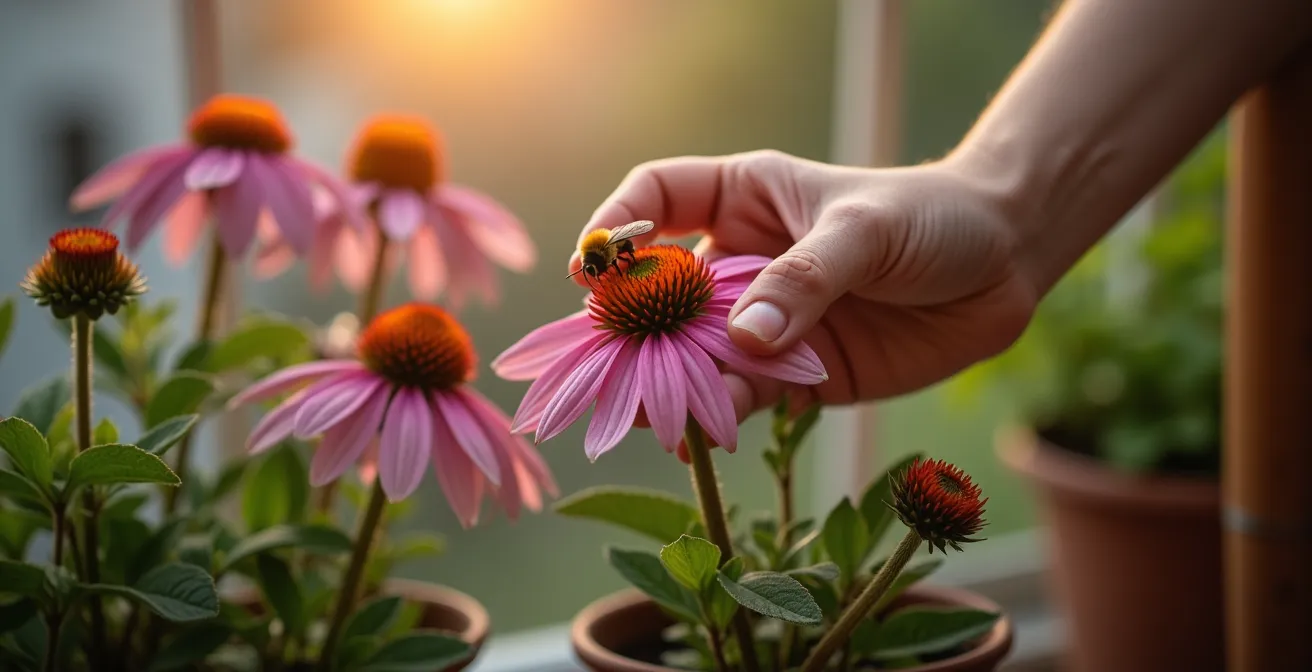 Abeilles butinant sur des fleurs d'échinacée pourpre et de monarde rouge dans des pots sur un balcon