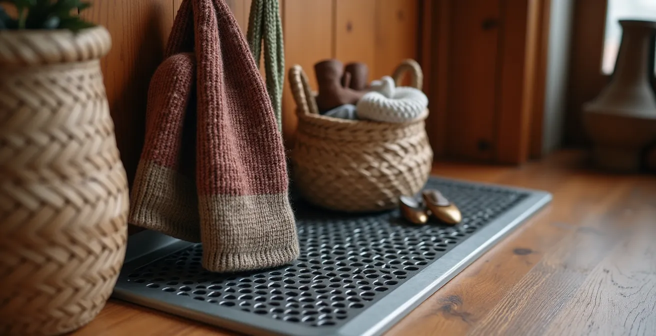 Entrée d'appartement montréalais bien organisée avec rangement vertical pour équipement d'hiver