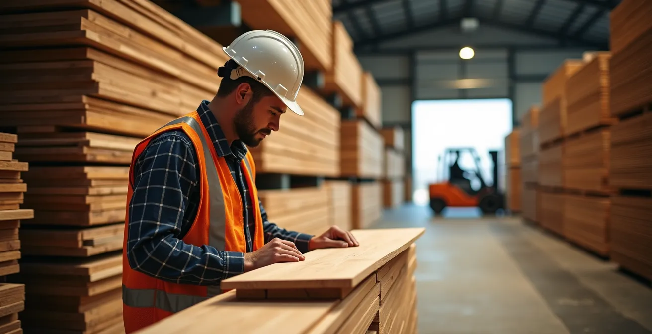Vue d'entrepôt de planchers d'érable québécois empilés, illustrant l'abondance de la ressource locale