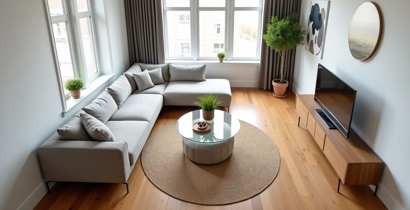 Vue aérienne d'un salon rectangulaire montréalais montrant l'équilibre entre canapé droit et table basse ronde