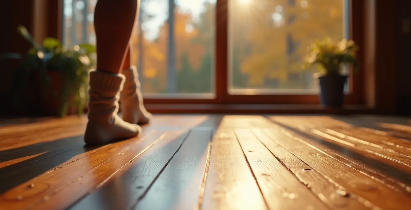 Plancher d'érable québécois chaleureux avec une vue sur une forêt certifiée en arrière-plan