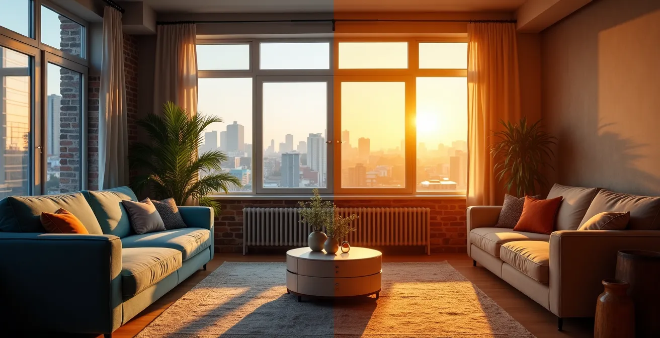 Vue panoramique d'un salon montréalais montrant l'évolution de la lumière du matin au soir