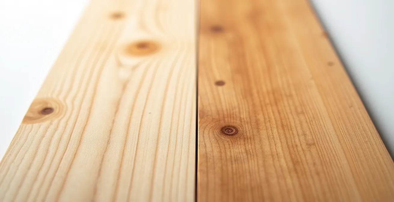 Comparaison visuelle de plancher d'érable avant et après exposition UV montrant une patine dorée