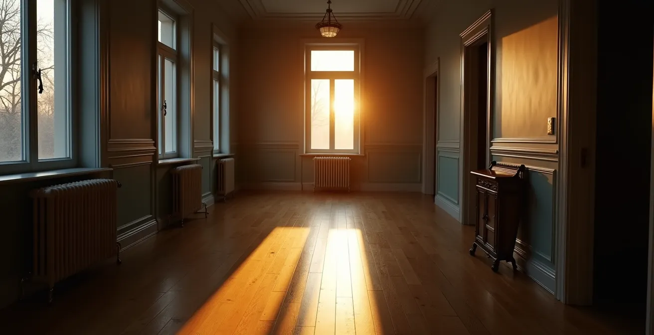 Maison québécoise vide en hiver avec système de chauffage intelligent actif