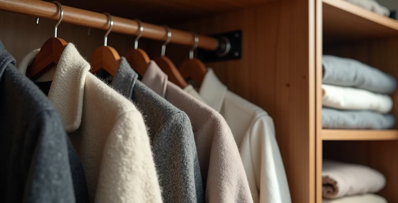 Intérieur d'une garde-robe sur mesure organisée pour les quatre saisons québécoises