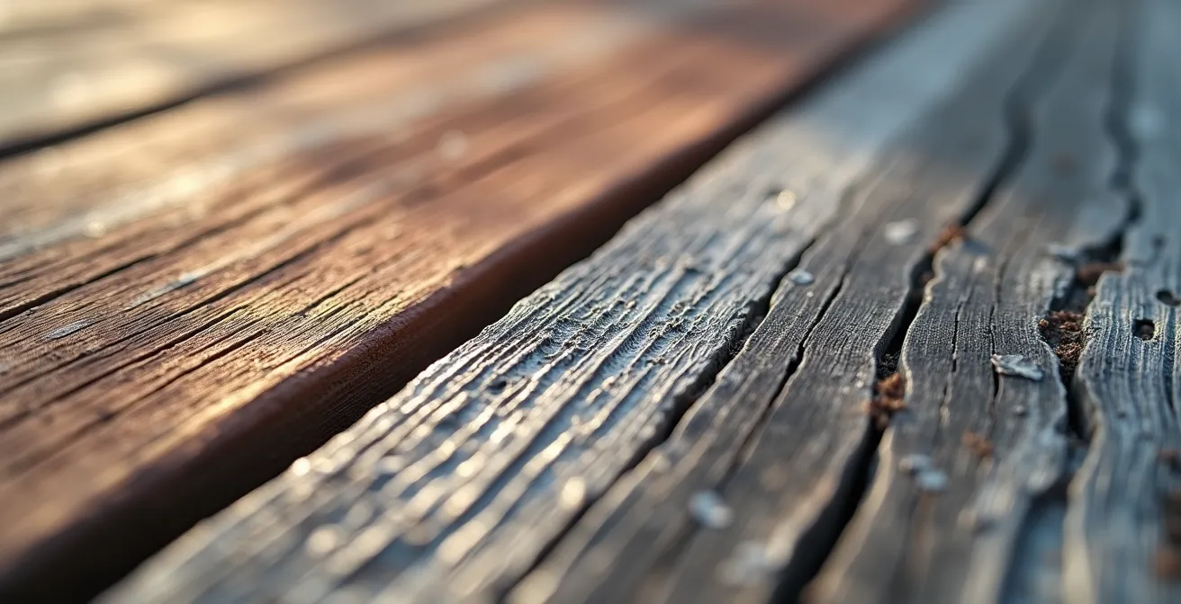 Processus de grisaillement naturel du cèdre montrant la patine argentée