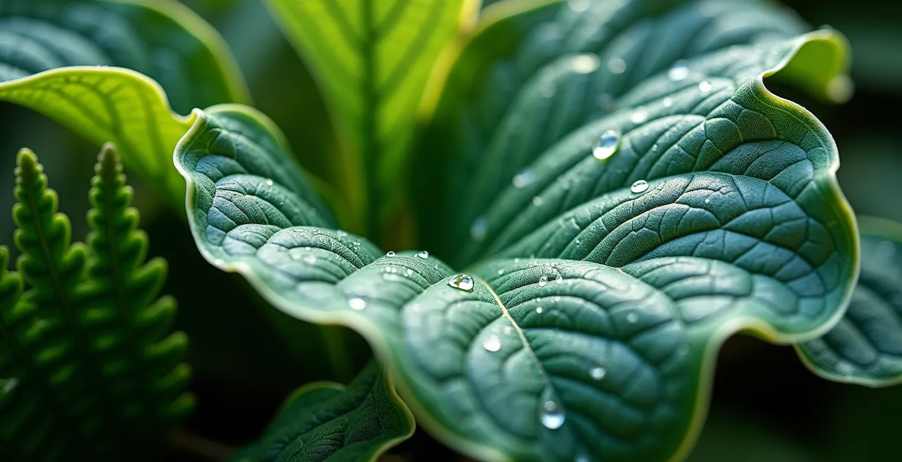 Arrangement de pots contenant des hostas aux feuilles panachées et des fougères luxuriantes dans un coin ombragé