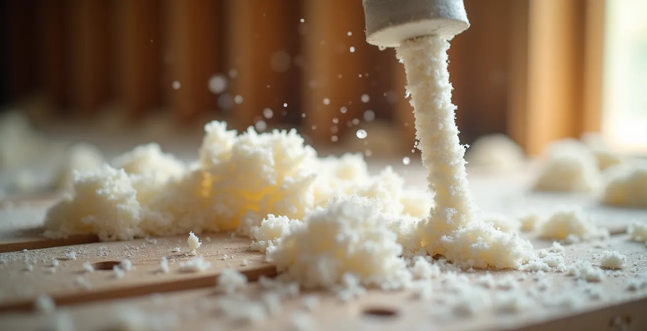 Vue macro de l'injection de cellulose isolante dans un plafond ancien en lattes et plâtre
