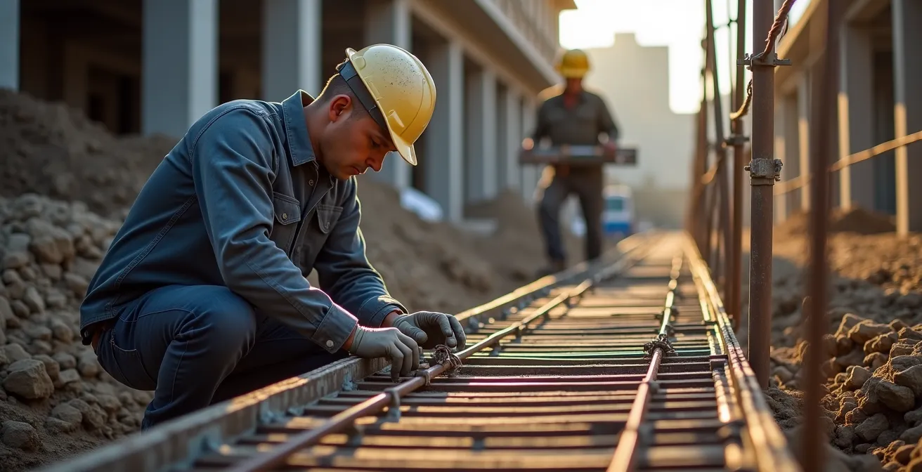 Vue d'ensemble d'un ferraillage de fondation avec barres d'armature disposées selon les normes avant coulée du béton