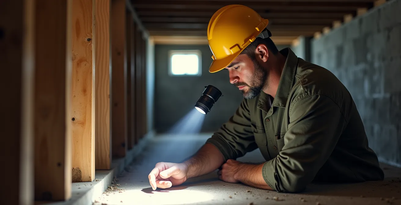 Vue du sous-sol montrant l'inspection des solives de rive pour l'installation d'un patio