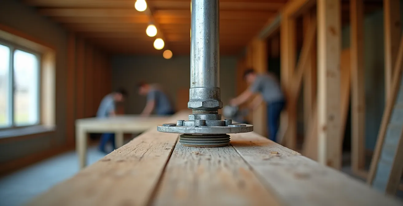 Installation professionnelle d'étais métalliques dans un duplex montréalais avant démolition de mur porteur