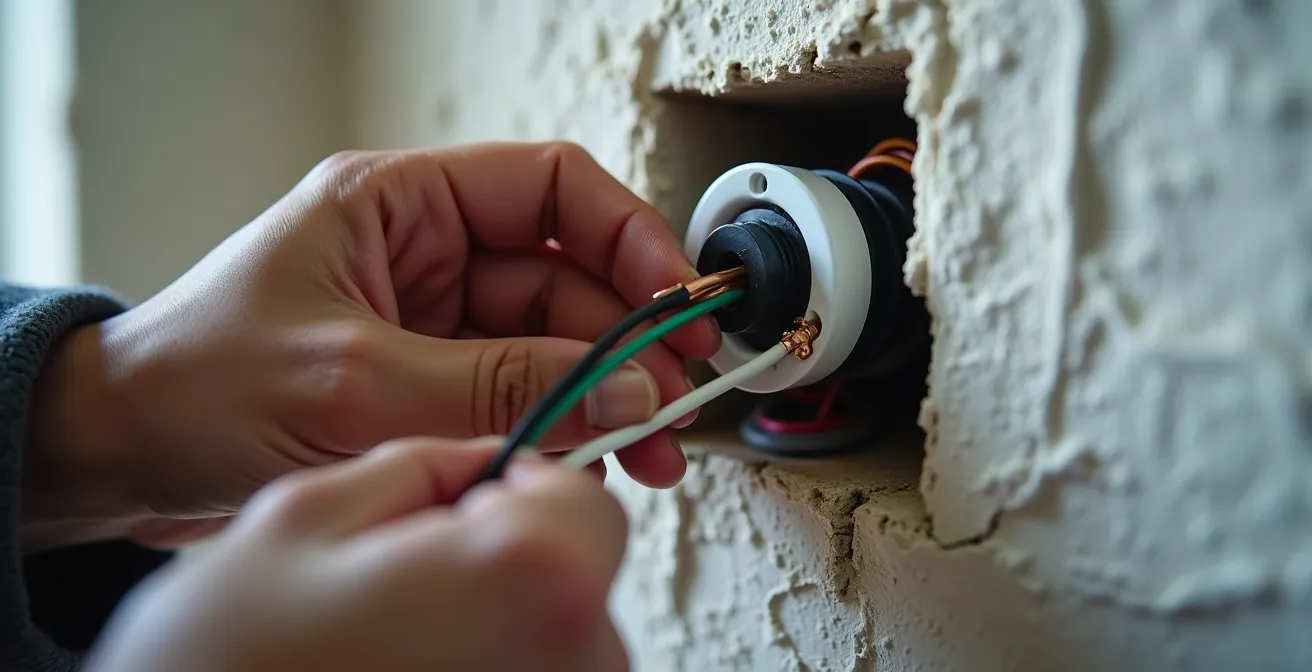 Gros plan sur l'installation d'un gradateur DEL moderne dans un mur de plâtre typique des plex montréalais