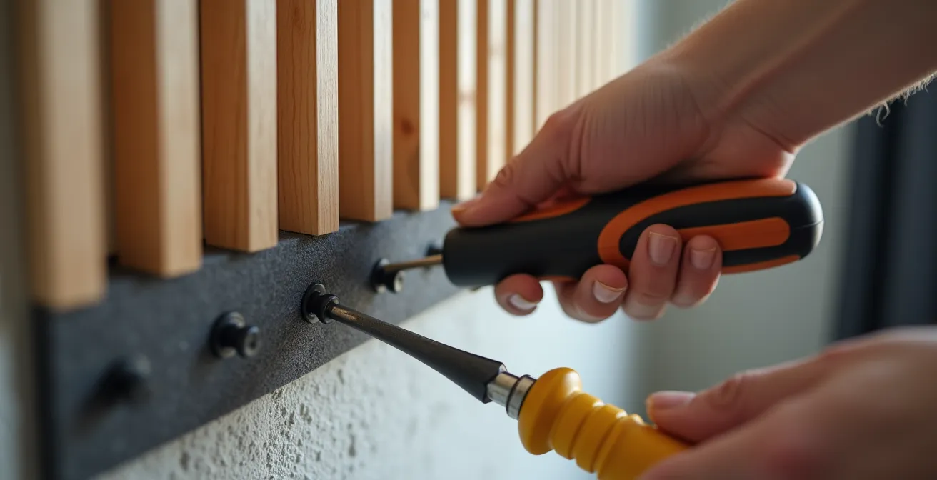 Installation de panneaux acoustiques sur un mur de plâtre avec système de fixation visible