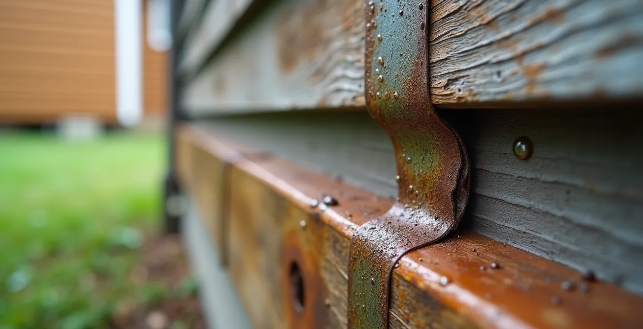 Détail architectural montrant la jonction entre un patio et une maison avec système de drainage adéquat