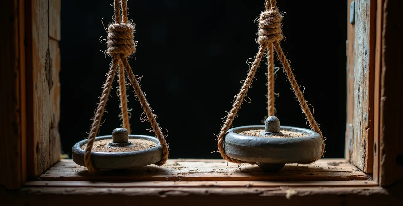 Vue en coupe du système de contrepoids et cordes d'une fenêtre à guillotine traditionnelle