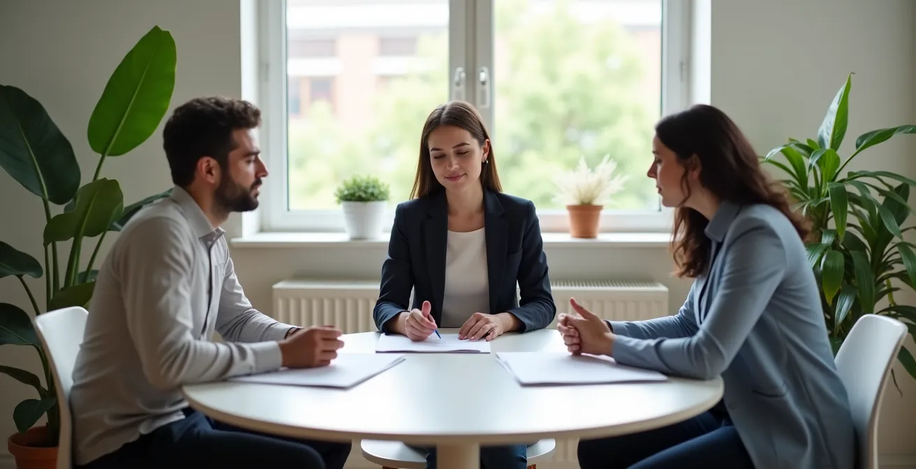 Scène de médiation citoyenne entre voisins dans un bureau neutre avec médiateur professionnel