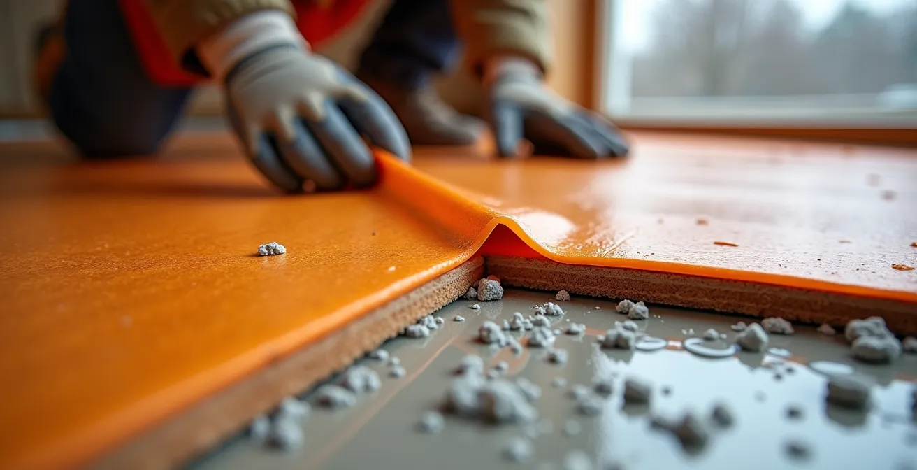 Installation d'une membrane d'étanchéité Schluter KERDI sur un plancher en bois avec mouvement visible