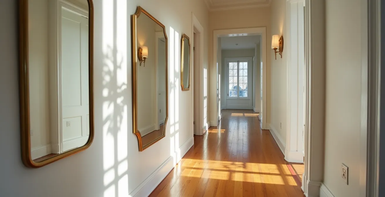 Corridor d'un plex montréalais avec miroirs en enfilade créant une illusion de profondeur et de lumière