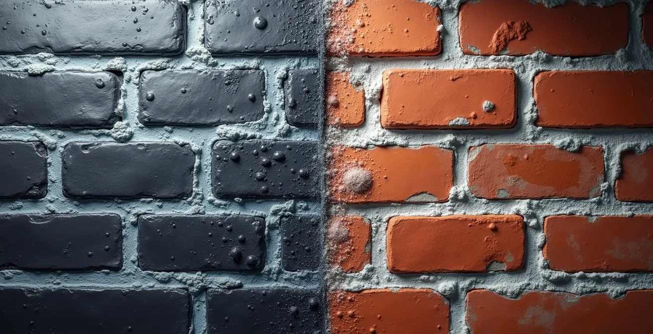 Coupe transversale d'un mur de brique montrant la migration de l'humidité