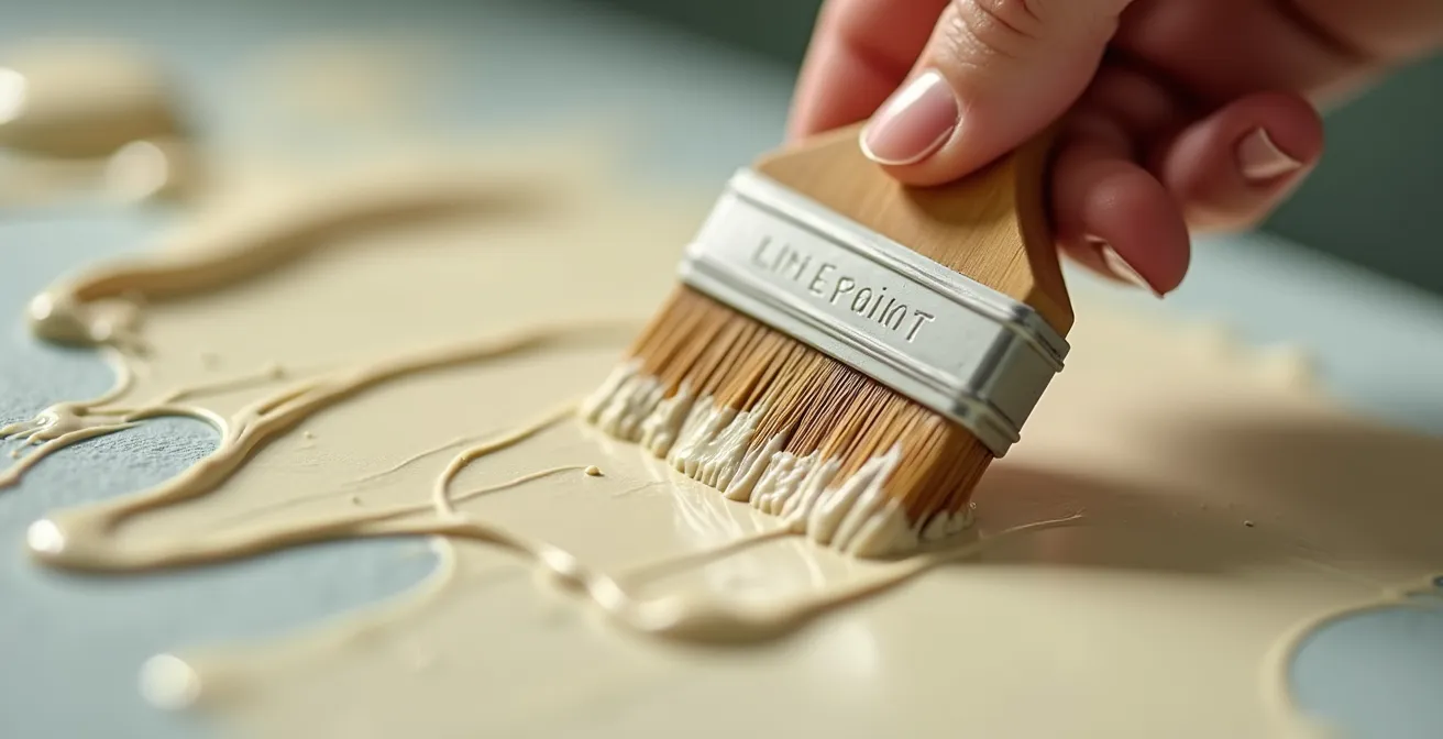 Gros plan macro sur l'application d'une peinture naturelle à la chaux sur un mur, montrant la texture crémeuse et les pigments naturels