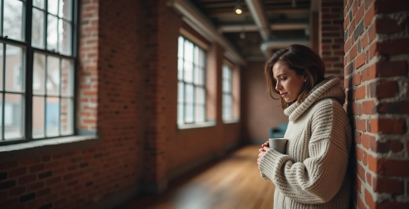 Personne en pull de laine dans un salon montréalais avec mur de brique exposé