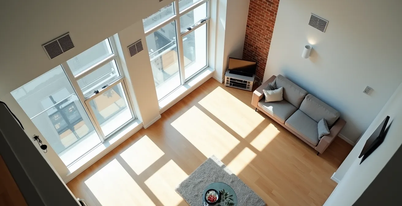 Vue plongeante d'un salon moderne montrant le placement stratégique des grilles de ventilation