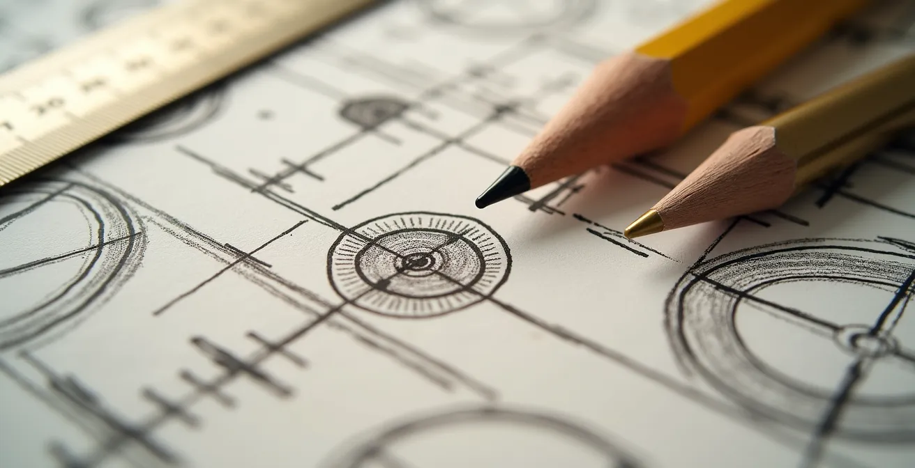 Gros plan macro sur des symboles techniques de plans de structure avec outils de mesure professionnels