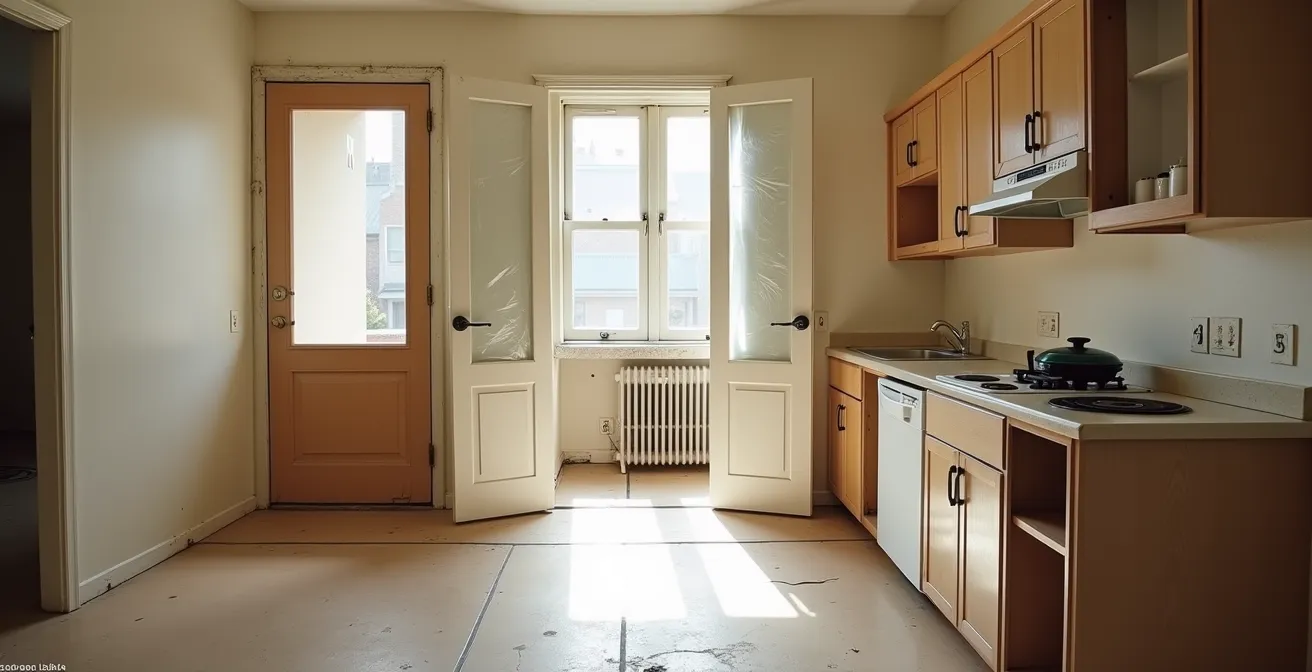 Cuisine vidée et protégée avant rénovation dans un condo montréalais